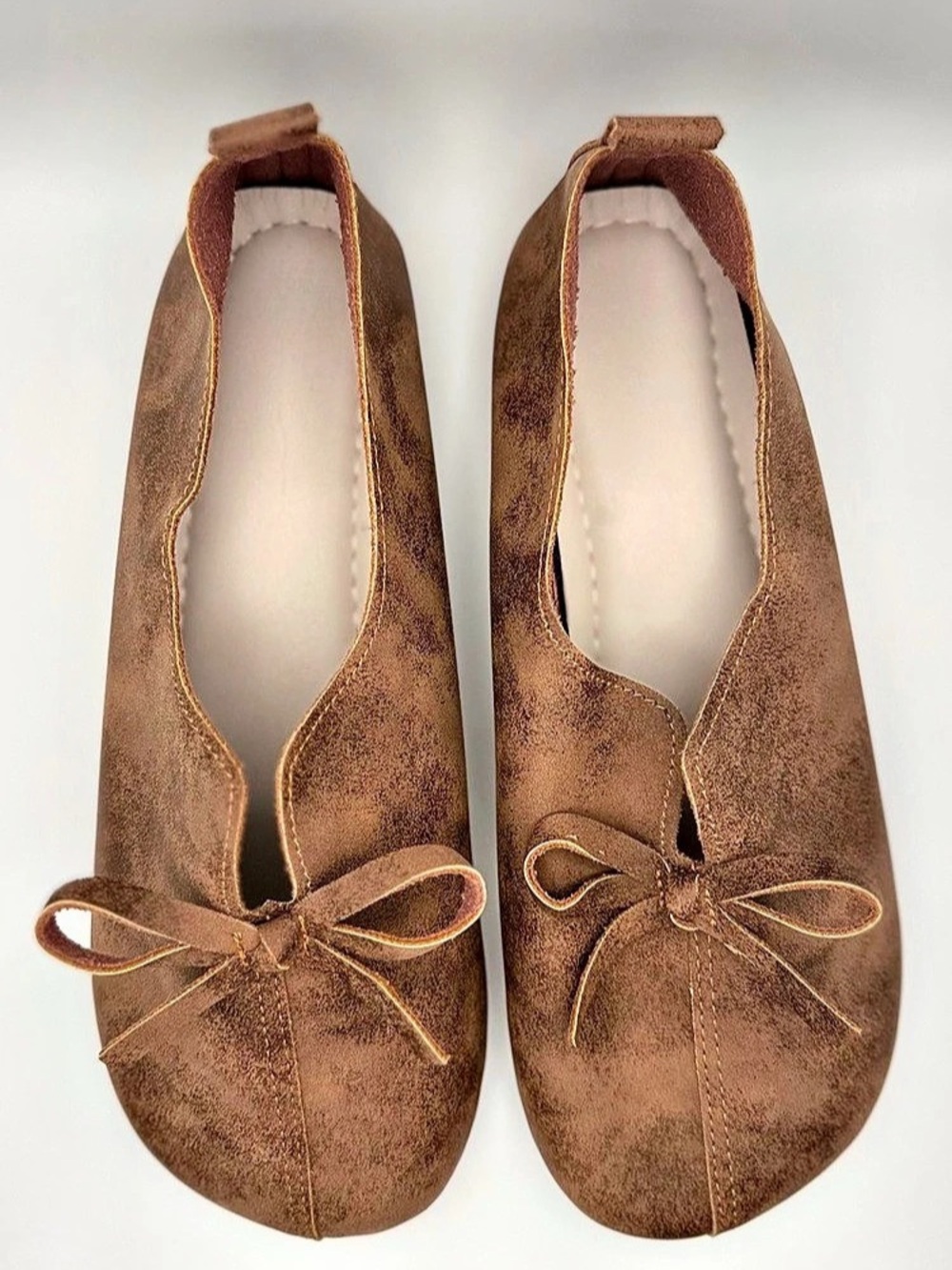 Women’s Brown Ballet Flats Bow Soft Faux Leather Shoes Size 39